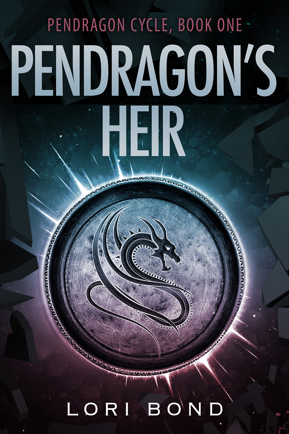 Pendragon's Heir Book Cover with a Metal Medallion with a dragon emblem on it. By Lori Bond